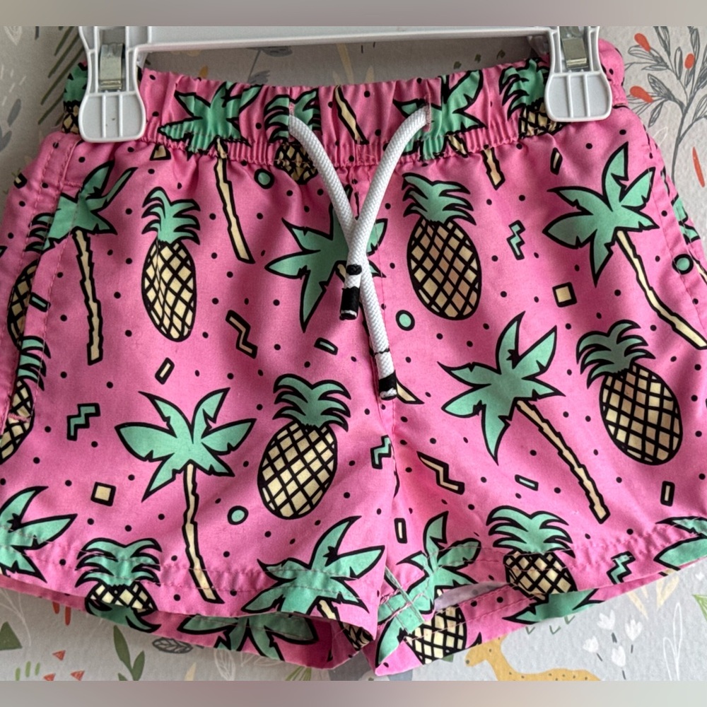 2T Boys Maamgic Hot Pink Pineapple and Palm Tree Fashion Swim Trunks